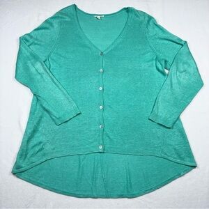Eileen Fisher Linen Button Up V-neck Cardigan Aqua High Low Hem 2x Resort Beach